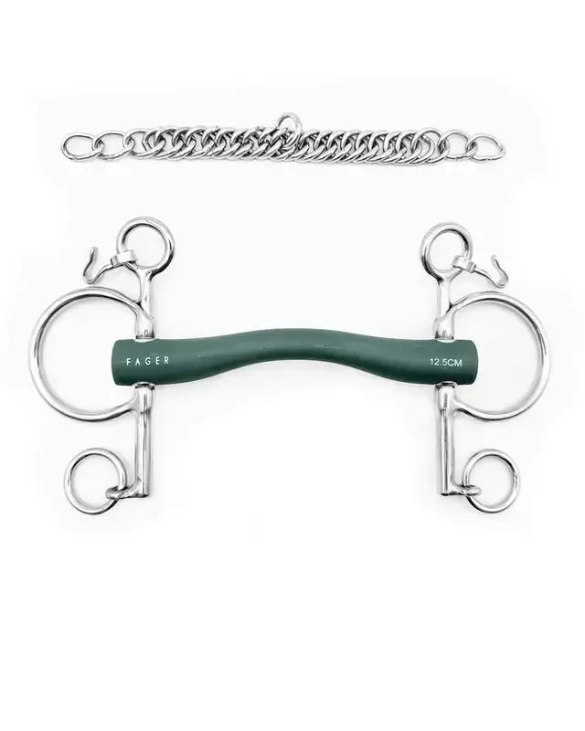 Fager Andrea Rubber Baby Pelham bit with green rubber mouthpiece and metal chain.