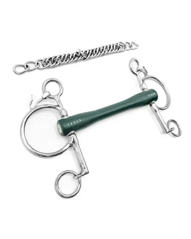 Fager Nicole Rubber Baby Pelham bit with a green rubber mouthpiece and stainless-steel settings for horse riding.