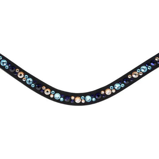 Elegant Demi browband featuring blue Austrian Stellux crystals on a black suede-backed leather band.