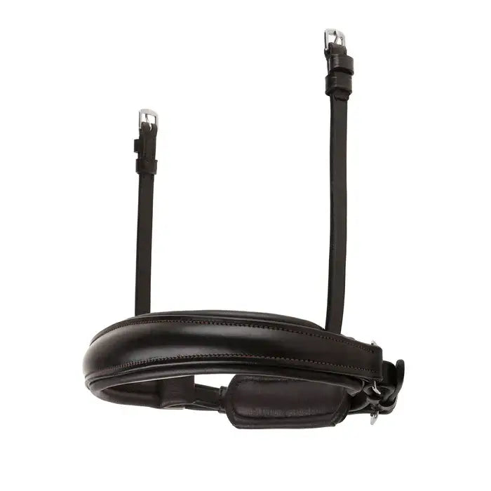 Classic black leather cavesson noseband with gel-padding and stainless steel fittings, featuring a crank style closure.