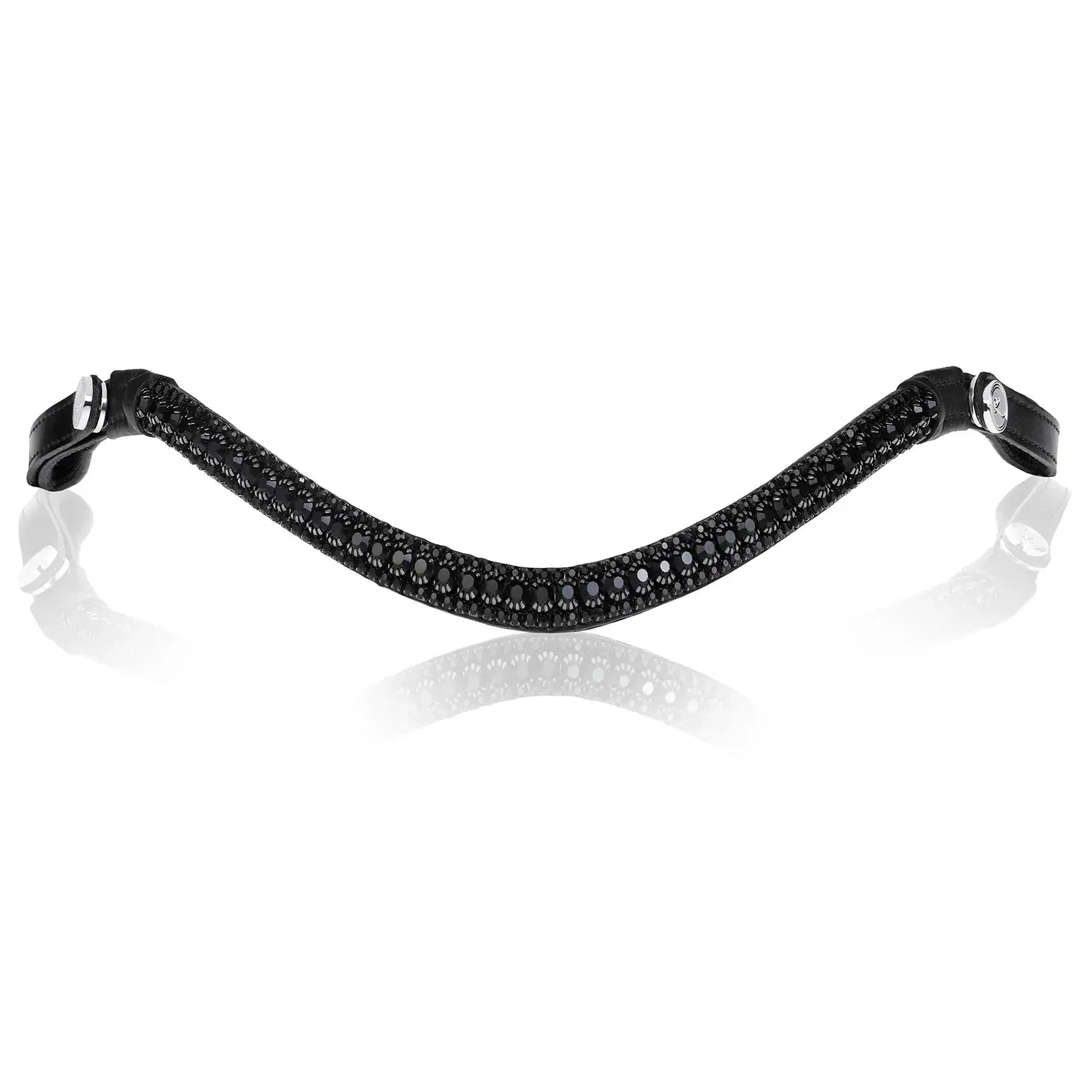 Black Solitaire Browband with three rows of crystals on a supple black leather band, perfect for horses in cob, full, pony, and warmblood sizes.