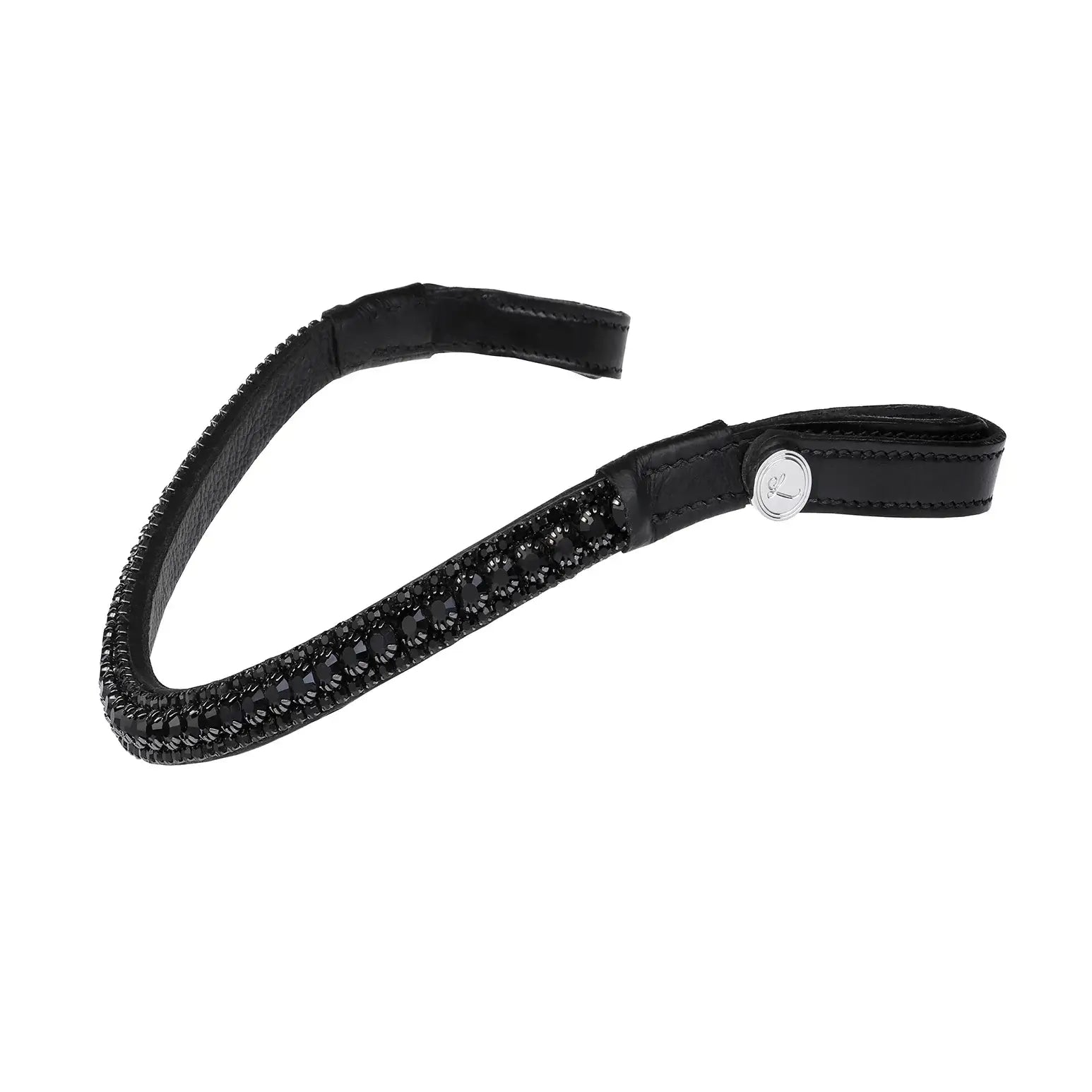 Black Solitaire Browband with three-row crystal design and supple leather, featuring black solitaire and delicate crystals.