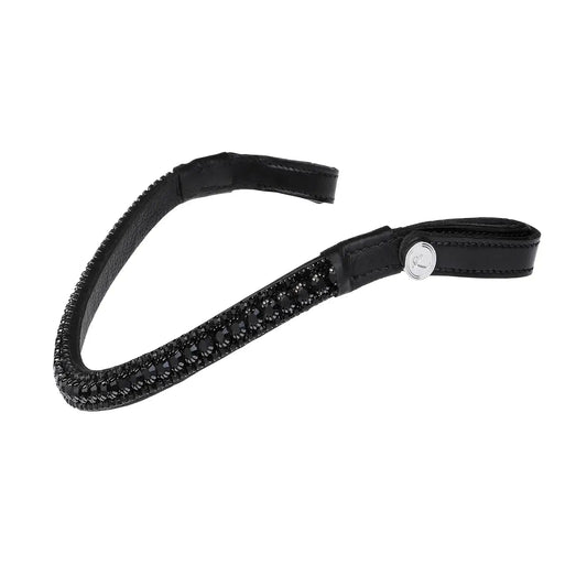 Black Solitaire Browband with three-row crystal design and supple leather, featuring black solitaire and delicate crystals.