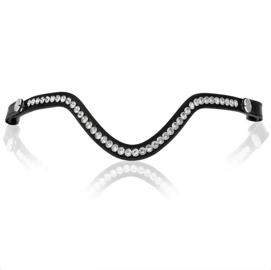 Saphira browband featuring mid-sized Austrian crystals in a sleek 'v' shape, accessorized with stainless steel buttons.