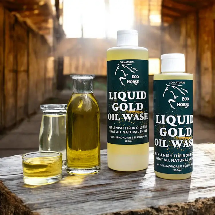 Eco Horse Liquid Gold Oil Wash bottles with oils, designed for softening coats and nourishing skin.
