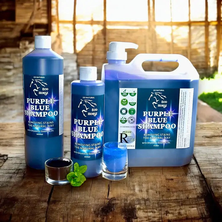 Eco Horse Purple Blue Shampoo bottles for vibrant horse grooming, removing yellow and orange stains effectively.