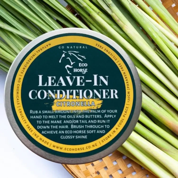 Eco Horse Leave-In Conditioner with Citronella on a natural background, promoting glossy mane and tail care for horses.