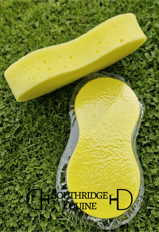 SE Expanding Sponge in yellow color, showing its vacuum-packed and expanded forms on grass.