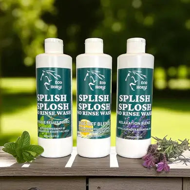 EcoHorse Splish Splosh No Rinse Wash bottles displayed outdoors with natural elements.