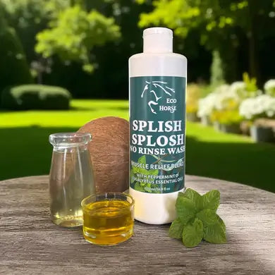 EcoHorse Splish Splosh No Rinse Wash bottle with essential oils and natural ingredients in a garden setting.