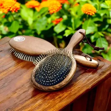 Eco Horse Mane & Tail Brush with metal bristles and beech wood handle, ideal for detangling without damage.